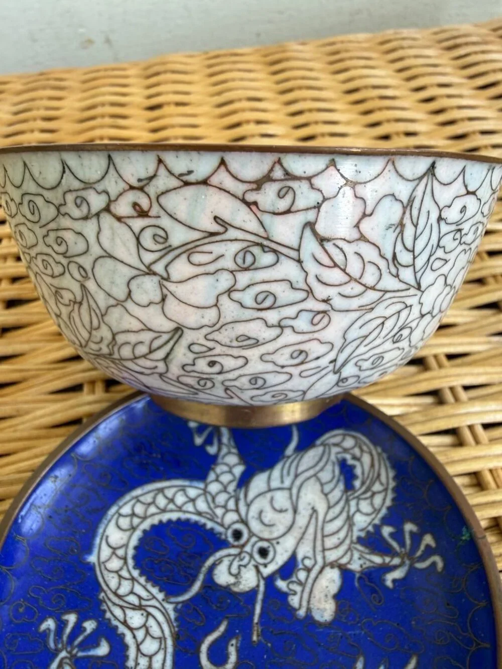 Vintage 1930s Chinese Cloisonne Enamel Bowl And Dragon Trinket Dish Plate